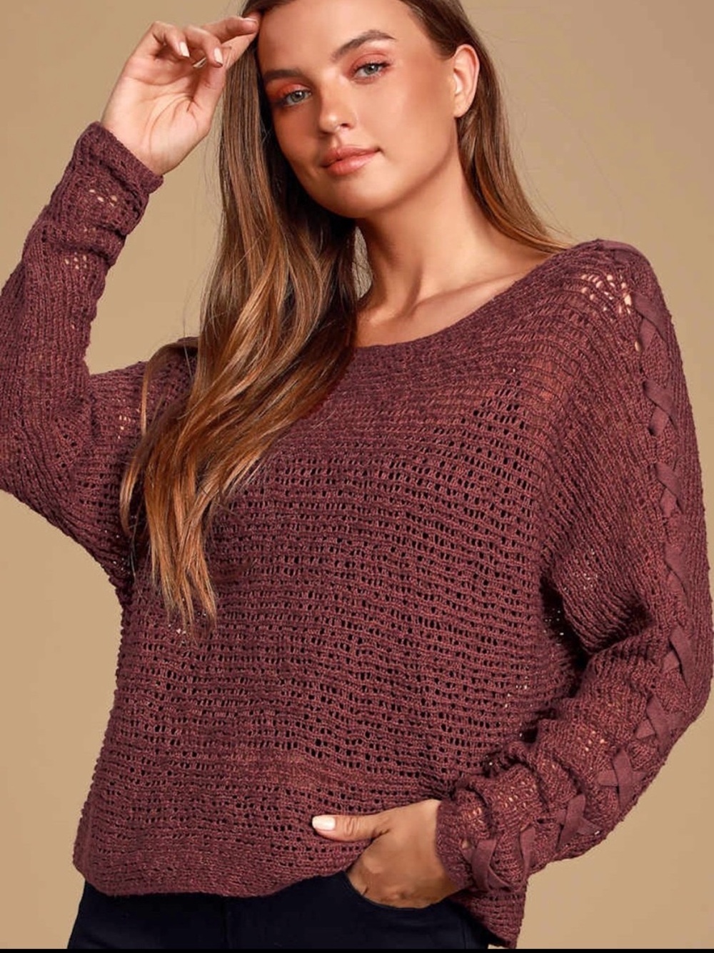 Billabong Plum Open Knit Lace-Up Sleeve Sweater Size Medium